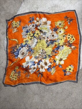 Vibrant Orange Floral Silk Scarf with Yellow & Blue Bouquet